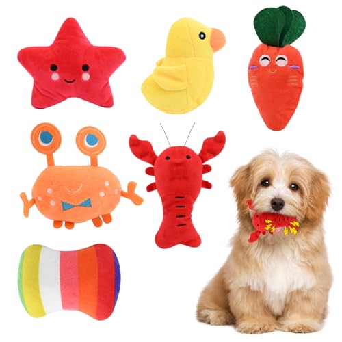 6 Pack Puppy Toys,Dog Squeaky Toys,Small Dog Interactive Teething Plush Soft Chew Toy,Fruit Vegetable Animals Interacting Pet Teddy Toy, Dog Companion Puppy Accessories for Puppies Small Medium Dogs