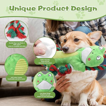 WESKUR Squeaky Dog Toys, Dog Rope Toys Indestructible Natural Cotton Interactive Dog Plush Toys, Tug of War Tough Chew Toys for All Breed (Cotton Rope Frog)